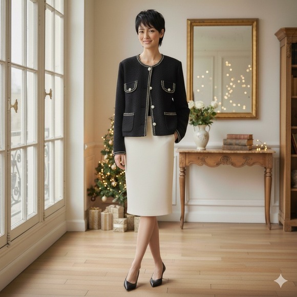 Snowflake NY Jacket Women Black Gold Trim Knit Beaded Pearl Button Large Holiday